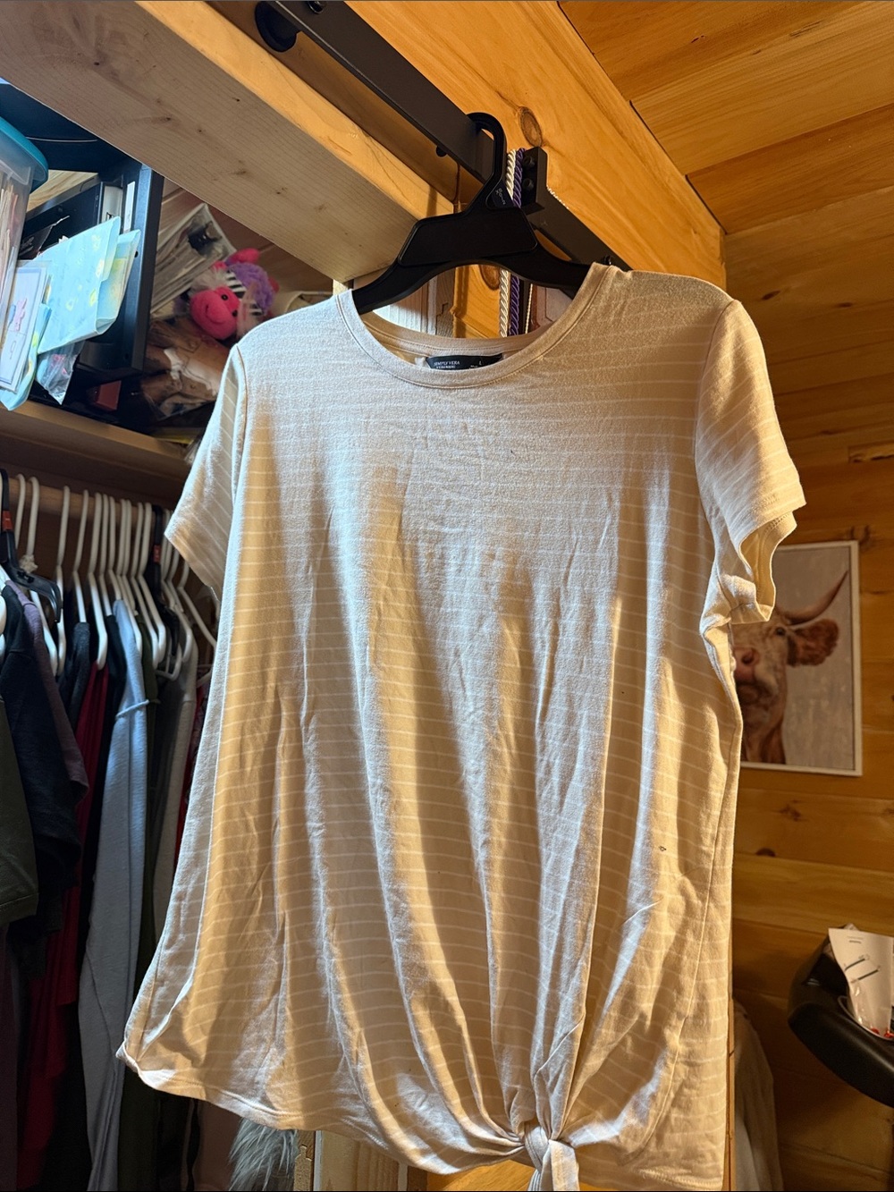 Light Beige Striped Tie-Hem Men’s Short-Sleeve Shirt